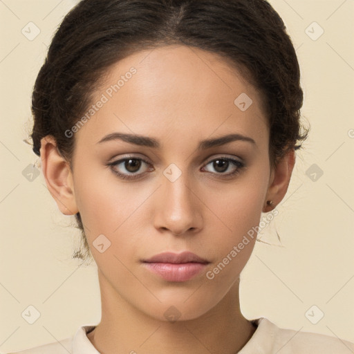 Neutral white young-adult female with short  brown hair and brown eyes