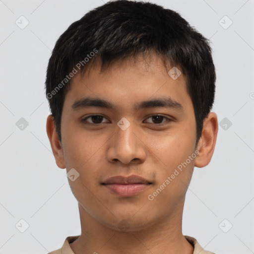 Neutral asian young-adult male with short  brown hair and brown eyes