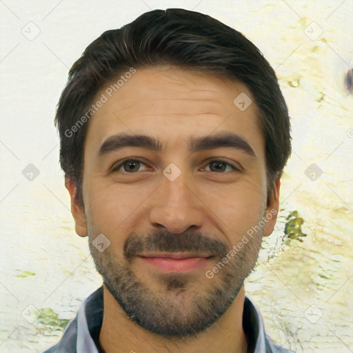 Joyful white young-adult male with short  black hair and brown eyes