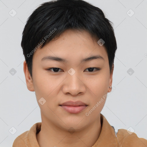 Joyful asian young-adult female with short  brown hair and brown eyes