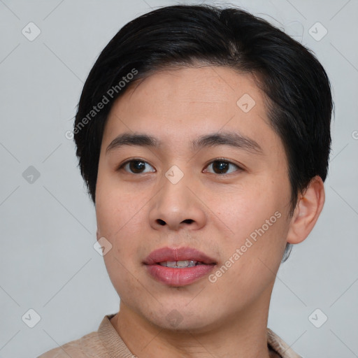 Joyful asian young-adult male with short  black hair and brown eyes