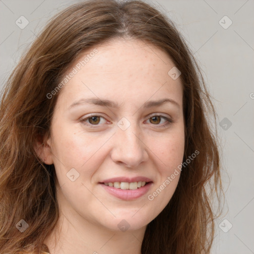 Joyful white young-adult female with long  brown hair and grey eyes