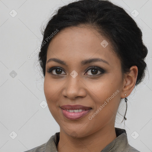 Joyful latino young-adult female with long  brown hair and brown eyes