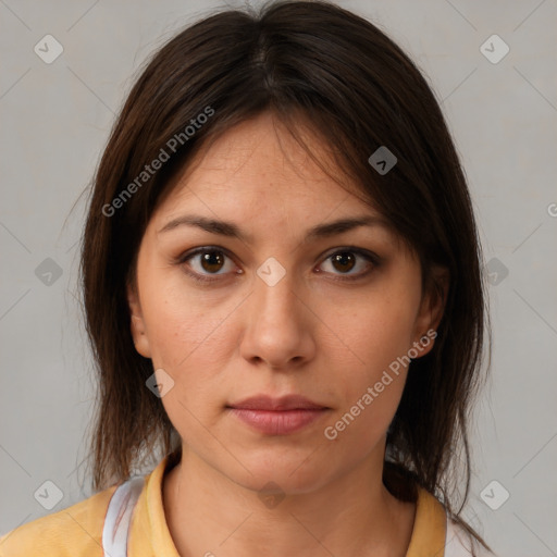 Neutral white young-adult female with medium  brown hair and brown eyes