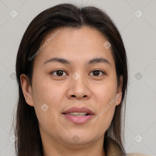 Joyful white adult female with medium  brown hair and brown eyes