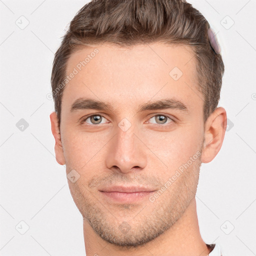 Neutral white young-adult male with short  brown hair and brown eyes