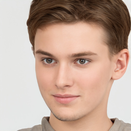 Neutral white young-adult male with short  brown hair and brown eyes