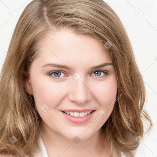 Joyful white young-adult female with medium  brown hair and blue eyes