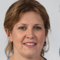 Joyful white adult female with medium  brown hair and grey eyes