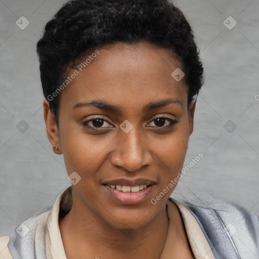 Joyful black young-adult female with short  black hair and brown eyes