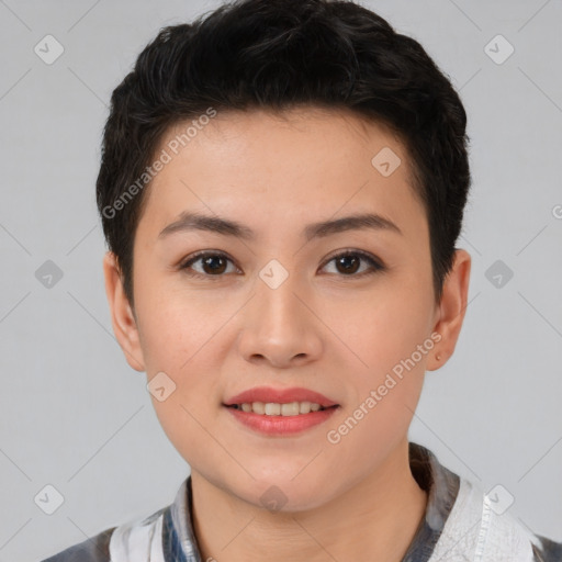 Joyful asian young-adult female with short  brown hair and brown eyes