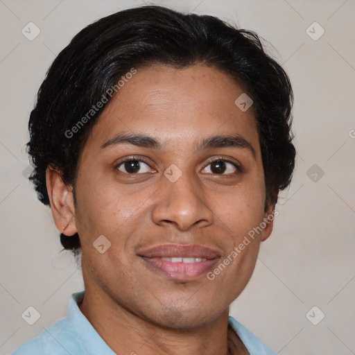 Joyful latino young-adult female with short  brown hair and brown eyes