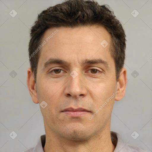 Neutral white adult male with short  brown hair and brown eyes