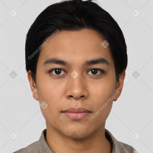 Neutral asian young-adult male with short  black hair and brown eyes