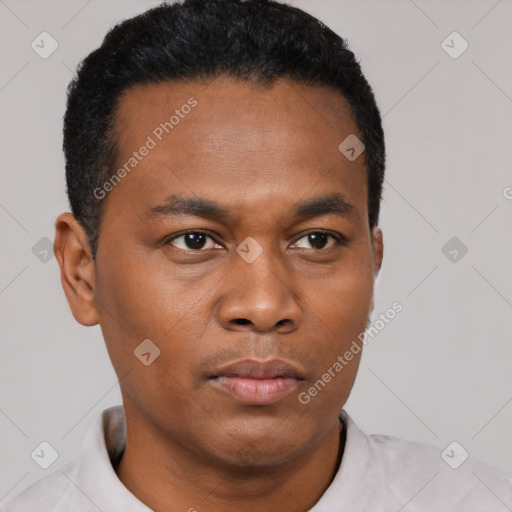 Neutral black young-adult male with short  black hair and brown eyes