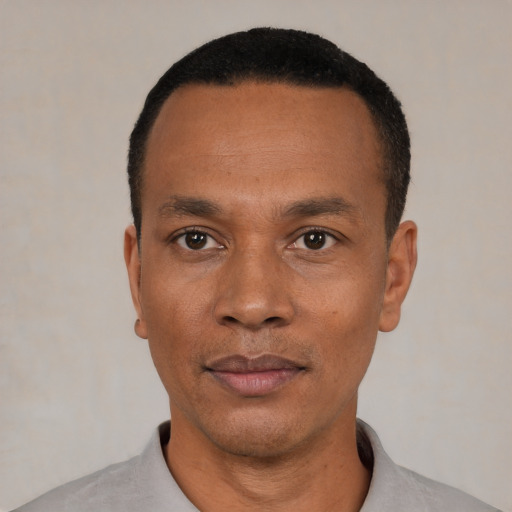 Neutral black adult male with short  black hair and brown eyes