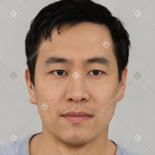 Neutral asian young-adult male with short  black hair and brown eyes