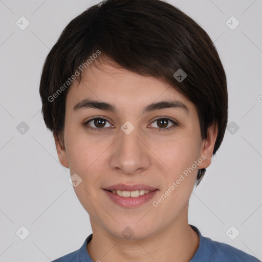 Joyful white young-adult female with short  brown hair and brown eyes