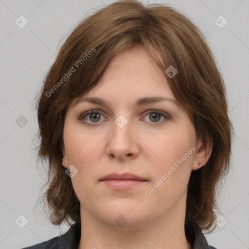 Neutral white young-adult female with medium  brown hair and grey eyes