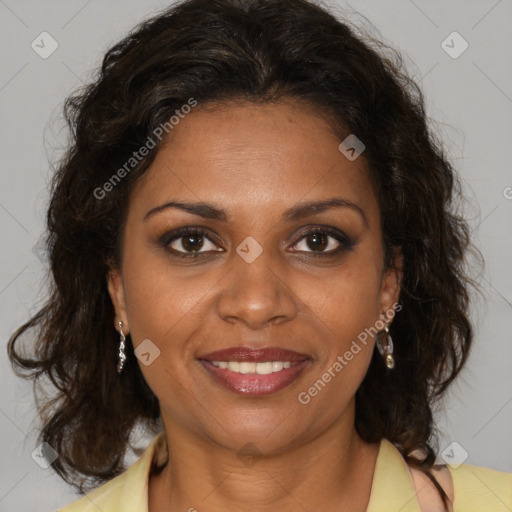 Joyful black young-adult female with medium  brown hair and brown eyes