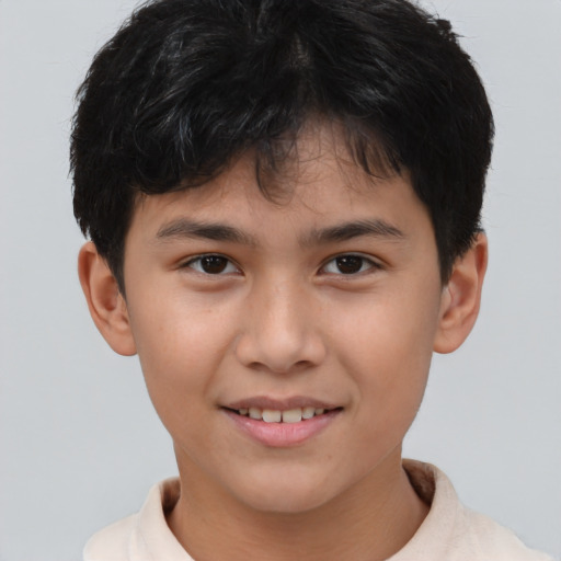 Joyful asian child male with short  brown hair and brown eyes