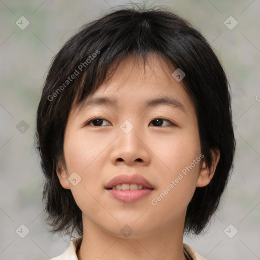 Neutral asian young-adult female with medium  brown hair and brown eyes