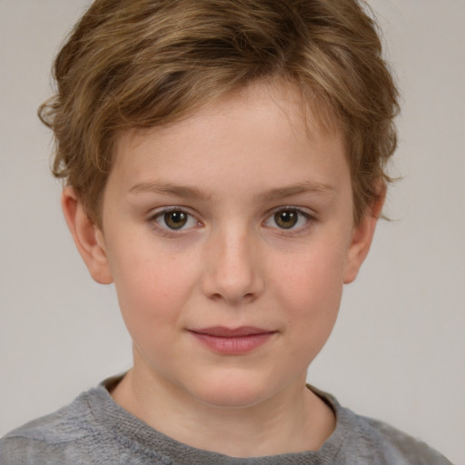 Joyful white child female with short  brown hair and grey eyes