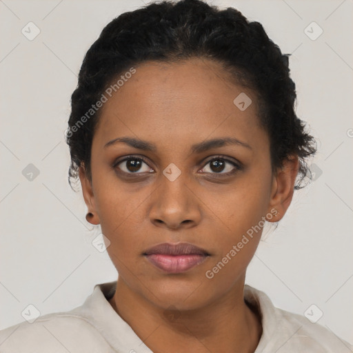 Neutral black young-adult female with short  black hair and brown eyes