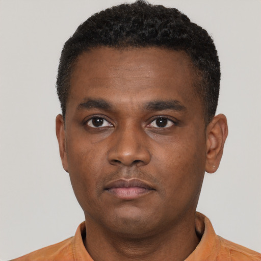Neutral black young-adult male with short  black hair and brown eyes