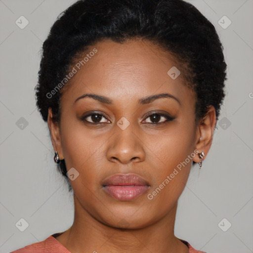 Neutral black young-adult female with short  brown hair and brown eyes