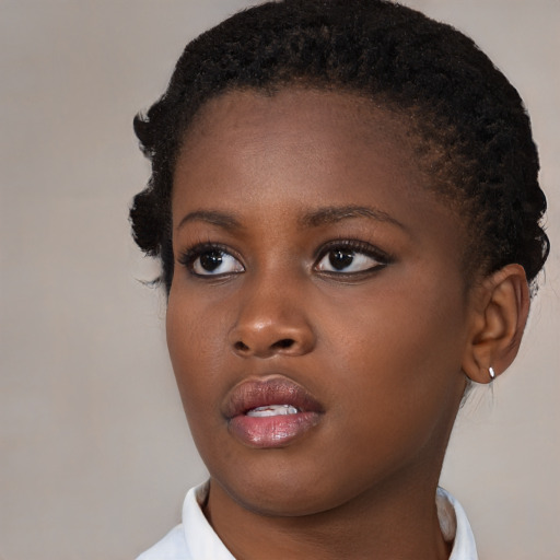 Neutral black young-adult female with short  brown hair and brown eyes