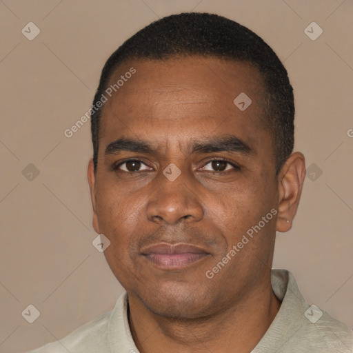 Neutral black adult male with short  black hair and brown eyes