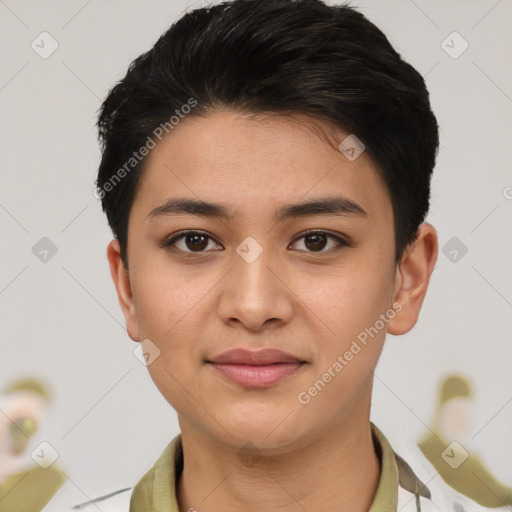 Joyful asian young-adult female with short  black hair and brown eyes