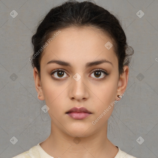 Neutral white young-adult female with medium  brown hair and brown eyes