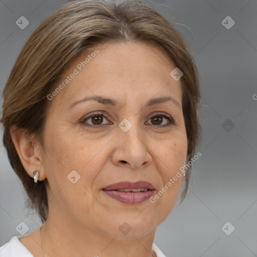 Joyful white adult female with medium  brown hair and brown eyes