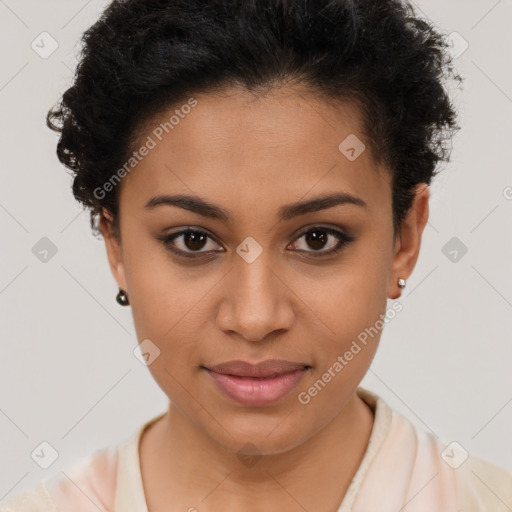 Joyful latino young-adult female with short  brown hair and brown eyes