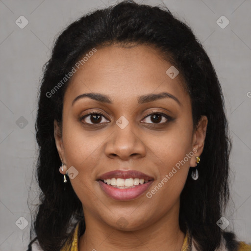 Joyful latino young-adult female with long  brown hair and brown eyes