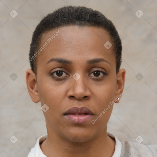 Neutral black young-adult female with short  brown hair and brown eyes