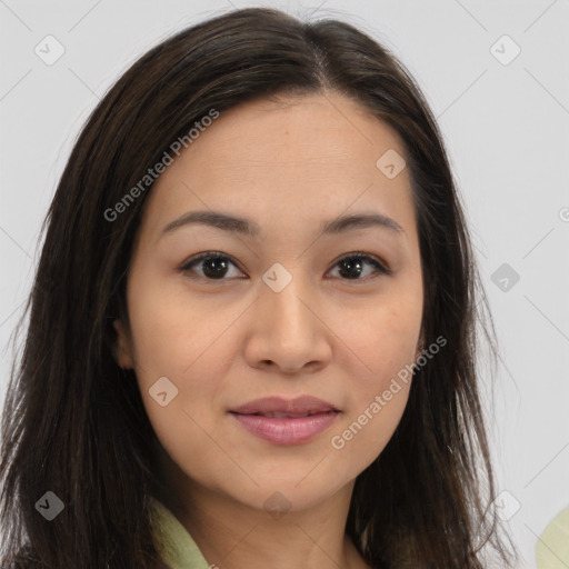 Joyful white young-adult female with long  brown hair and brown eyes