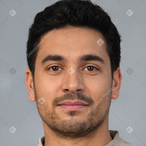 Neutral latino young-adult male with short  black hair and brown eyes