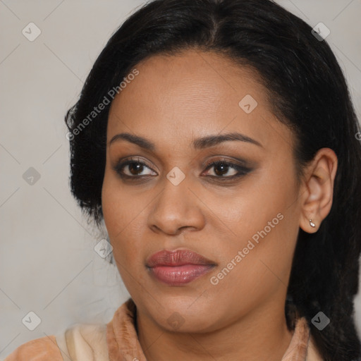 Joyful latino young-adult female with long  brown hair and brown eyes