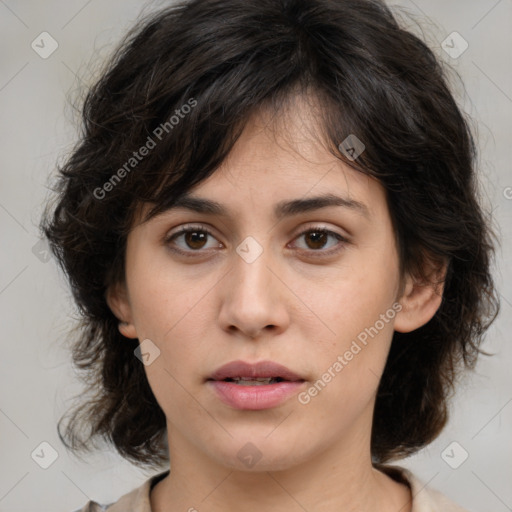 Neutral white young-adult female with medium  brown hair and brown eyes