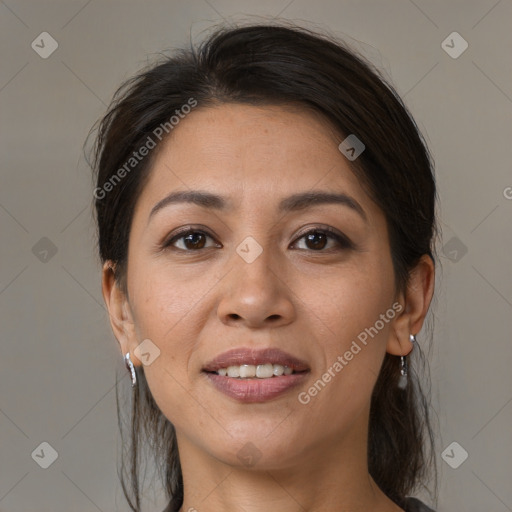 Joyful white young-adult female with medium  brown hair and brown eyes