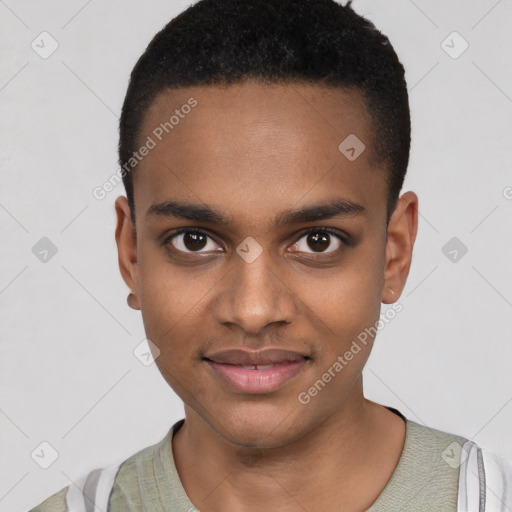 Joyful black young-adult male with short  black hair and brown eyes