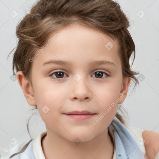 Joyful white child female with medium  brown hair and brown eyes