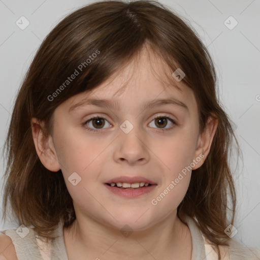 Joyful white child female with medium  brown hair and brown eyes