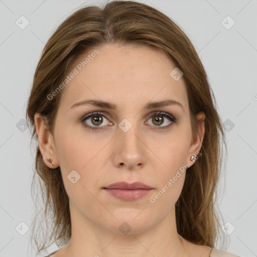 Neutral white young-adult female with medium  brown hair and grey eyes