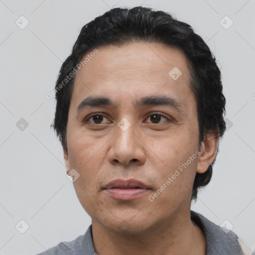 Neutral asian adult male with short  black hair and brown eyes