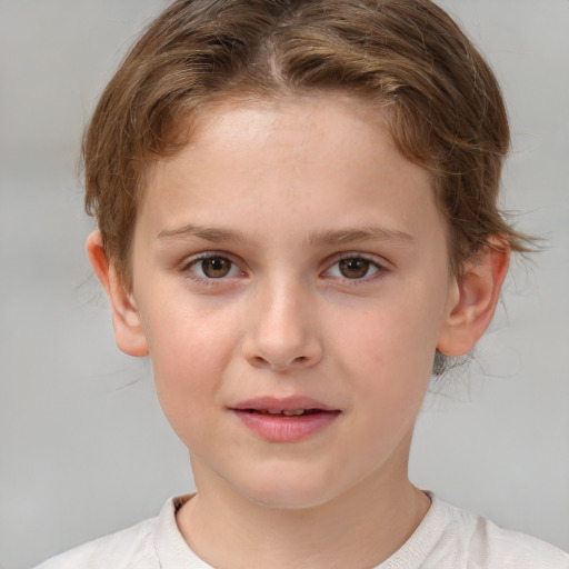 Joyful white child female with medium  brown hair and brown eyes