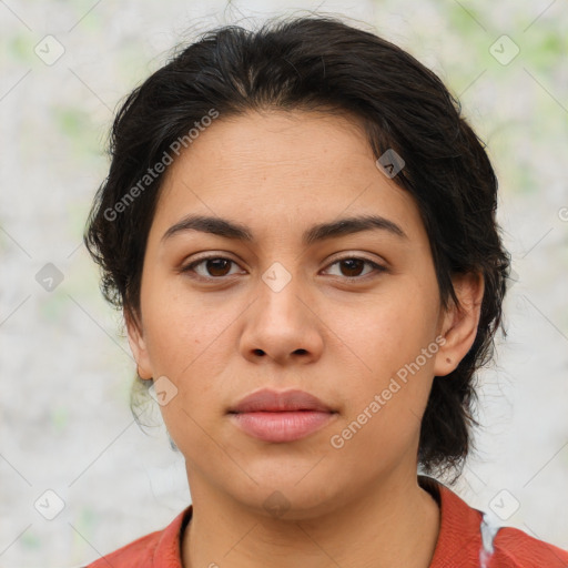 Neutral latino young-adult female with medium  brown hair and brown eyes